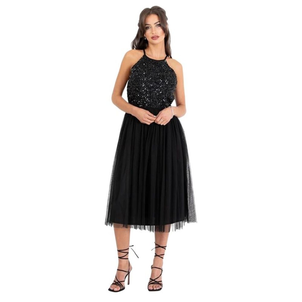 Deluxe Womens/Ladies Sequin Formal Midi Dress / Black
